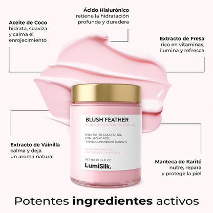 Crema post-afeitado Blush Feather de LumiSilk con ingredientes activos como manteca de karité, ácido hialurónico, aceite de coco y extractos de fresa y vainilla. Nutre, calma y suaviza la piel