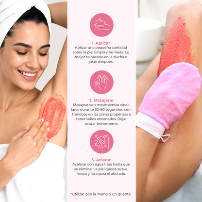Cómo usar Sugar Veil de LumiSilk: aplicar, masajear y aclarar. Exfoliante pre-afeitado para piel suave y lista, con o sin guante