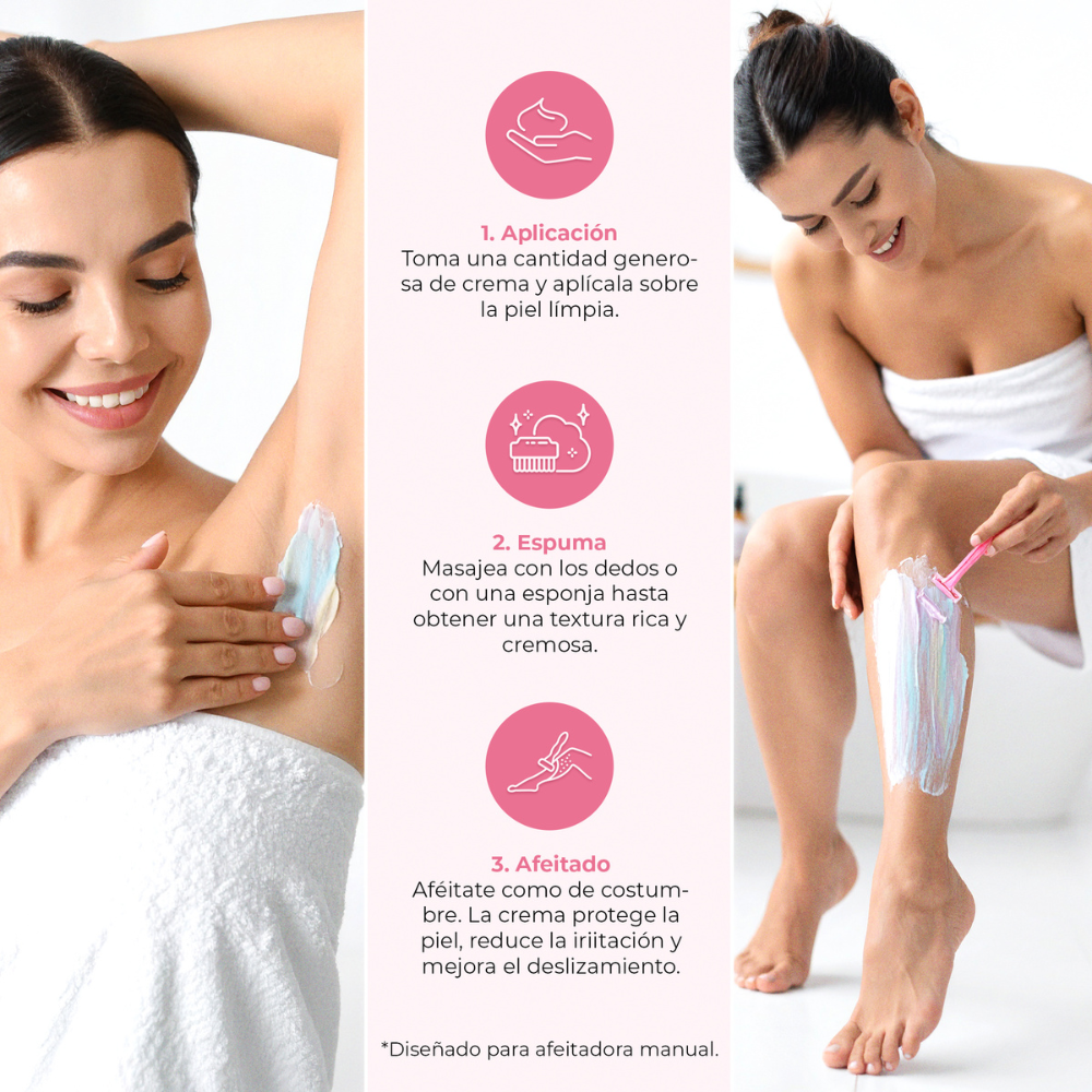 Pasos para usar Velvet Cloud: aplicar la crema, masajear hasta formar espuma y afeitarse. Proceso ideal para proteger la piel y evitar la irritación.