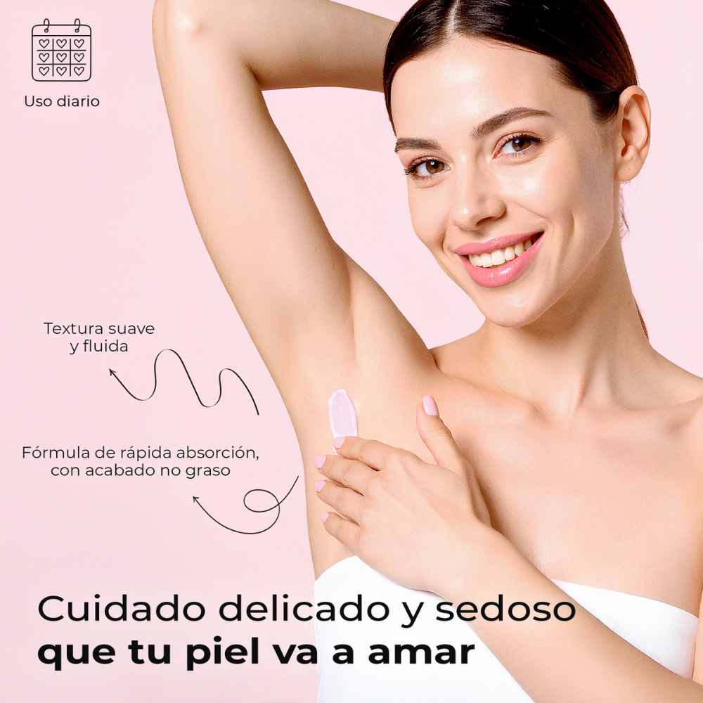Mujer aplicando desodorante de rápida absorción con textura suave en las axilas, fórmula no grasa para cuidado diario de la piel
