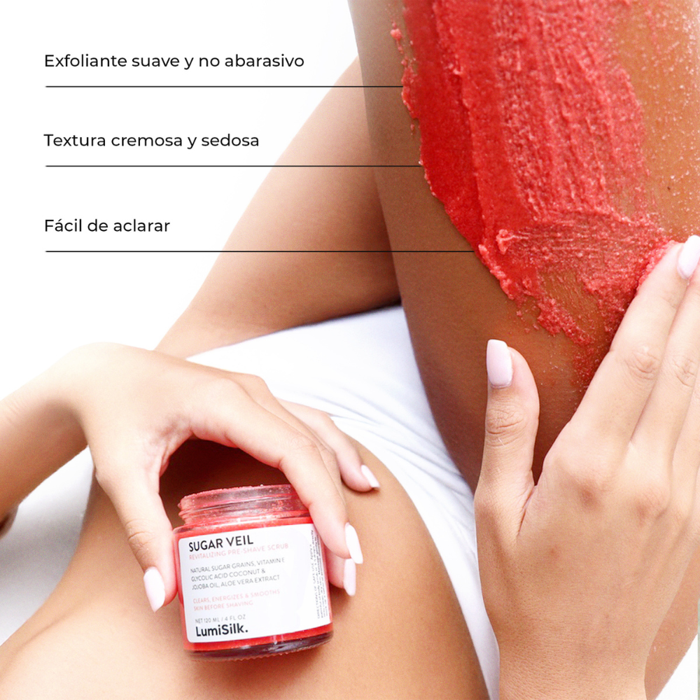 Exfoliante suave de azúcar para antes del rasurado - Sugar Veil de LumiSilk, textura cremosa, fácil de aclarar, no abrasivo