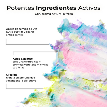 Textura cremosa multicolor con ingredientes activos como aceite de semilla de uva, ácido esteárico y glicerina para una piel suave y protegida.