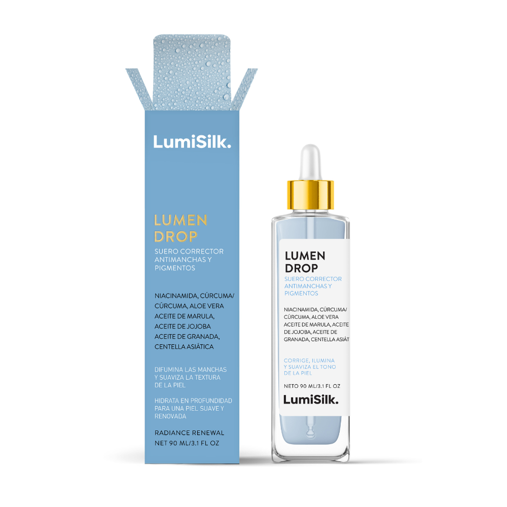 Packaging del suero Lumen Drop de LumiSilk, corrector antimanchas y antipigmentación con niacinamida, cúrcuma y aceites vegetales