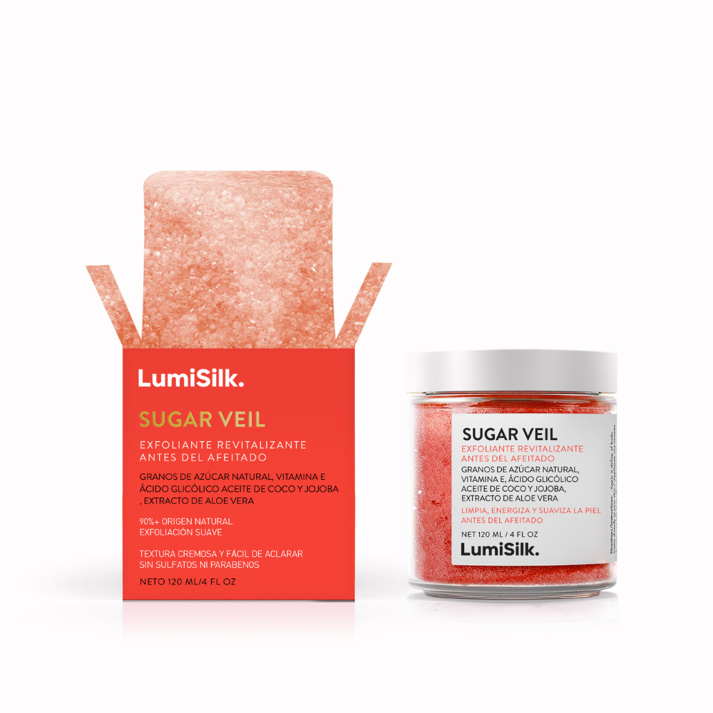 Packaging del exfoliante revitalizante Sugar Veil de LumiSilk con azúcar natural, vitamina E, aceites de coco y jojoba