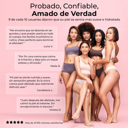 Grupo de mujeres diversas compartiendo opiniones positivas sobre la crema Blush Feather de LumiSilk, destacando su absorción rápida, suavidad, efecto calmante y sensación ligera tras el afeitado