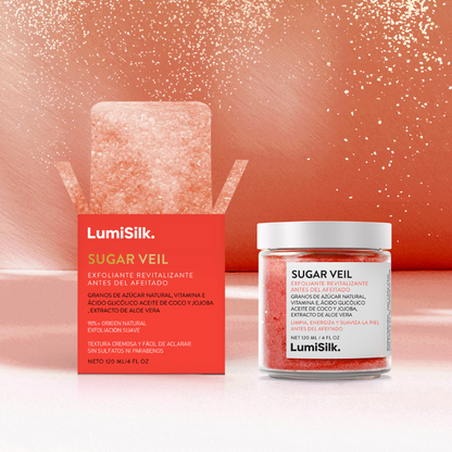Packaging de Sugar Veil de LumiSilk: exfoliante revitalizante antes del afeitado con ingredientes naturales, sin sulfatos ni parabenos