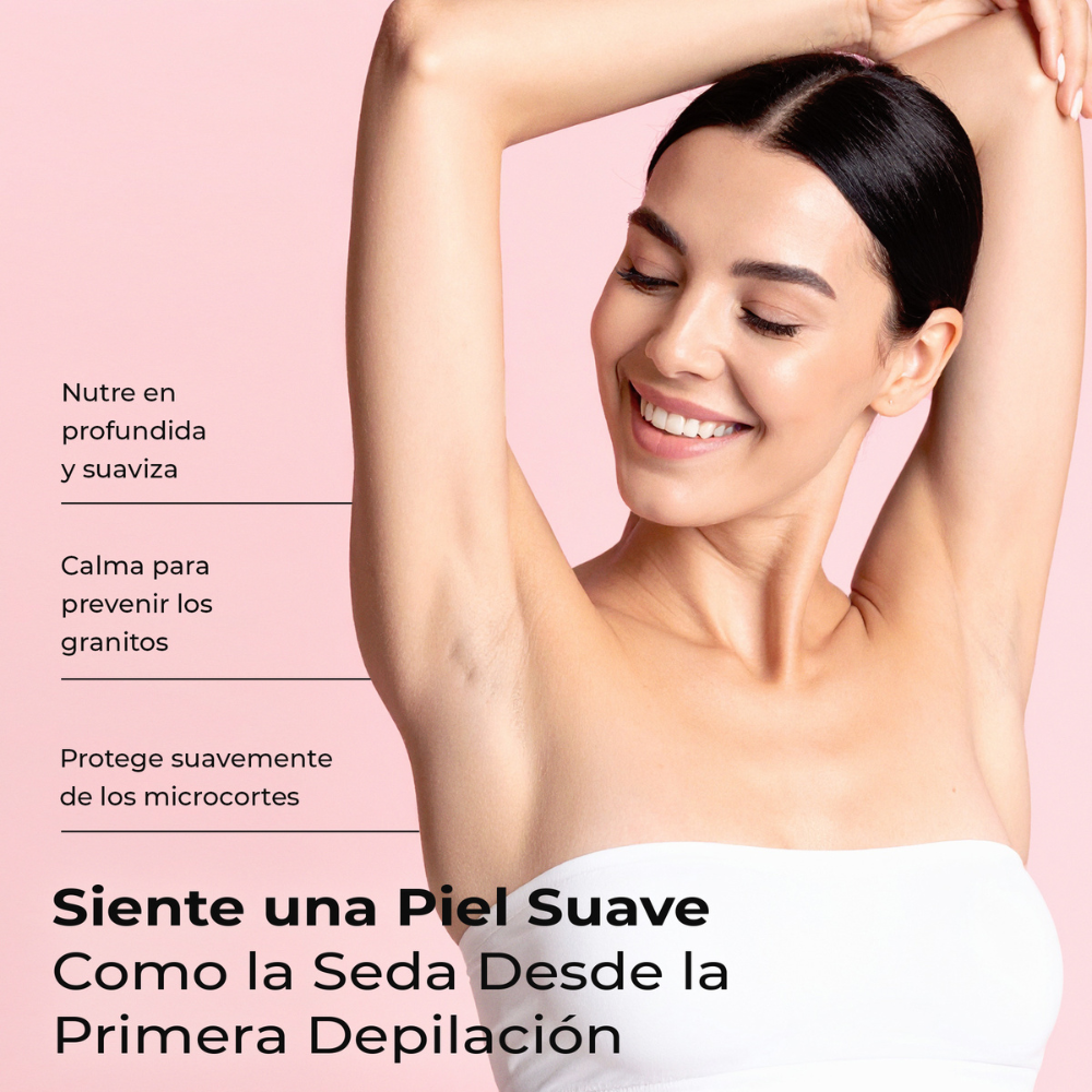 Mujer feliz con axilas suaves tras depilación, sin granitos ni cortes, gracias a un tratamiento nutritivo y calmante para piel sensible.