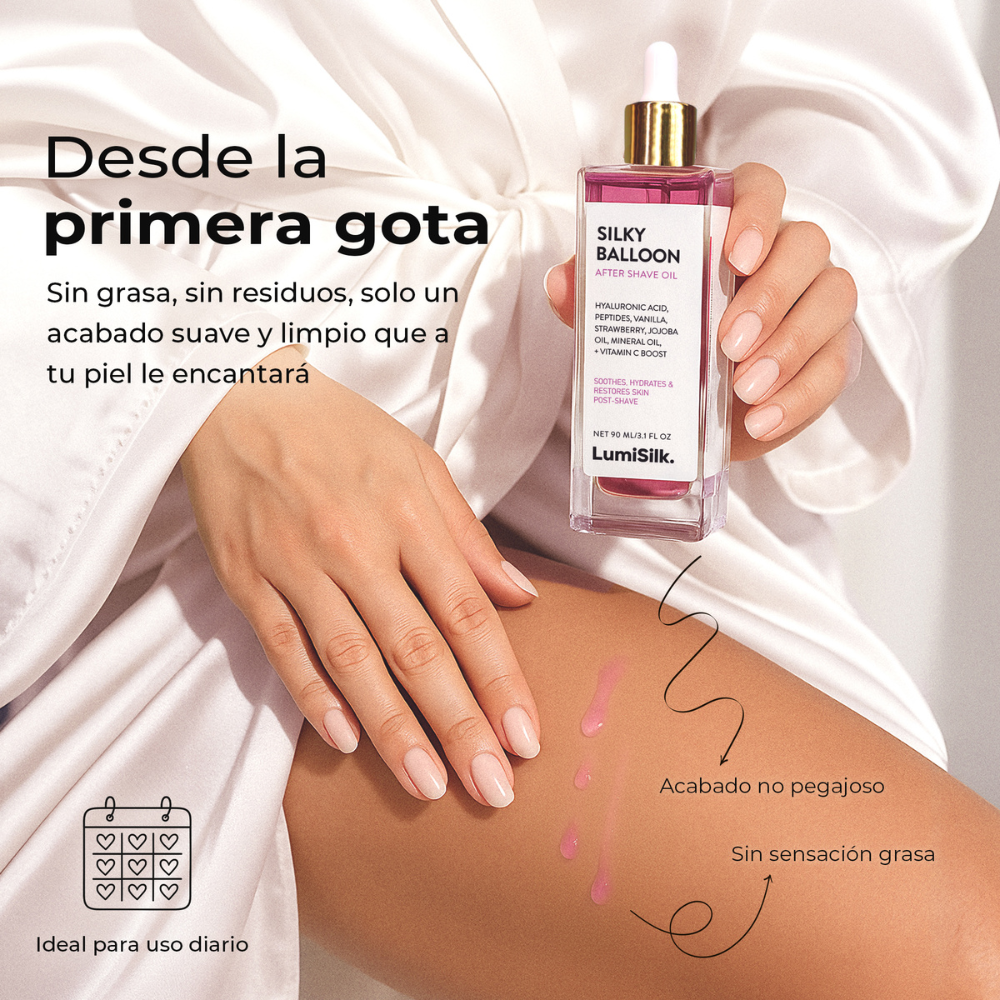 Silky Balloon aceite post afeitado – Textura ligera, no grasa, ideal para uso diario desde la primera gota.