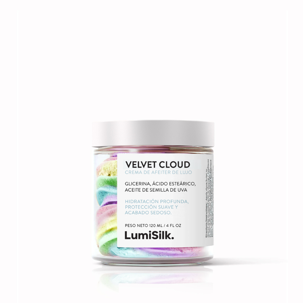 Velvet Cloud de LumiSilk – manteca de afeitar vegana con glicerina, aceite de semilla de uva y ácido esteárico