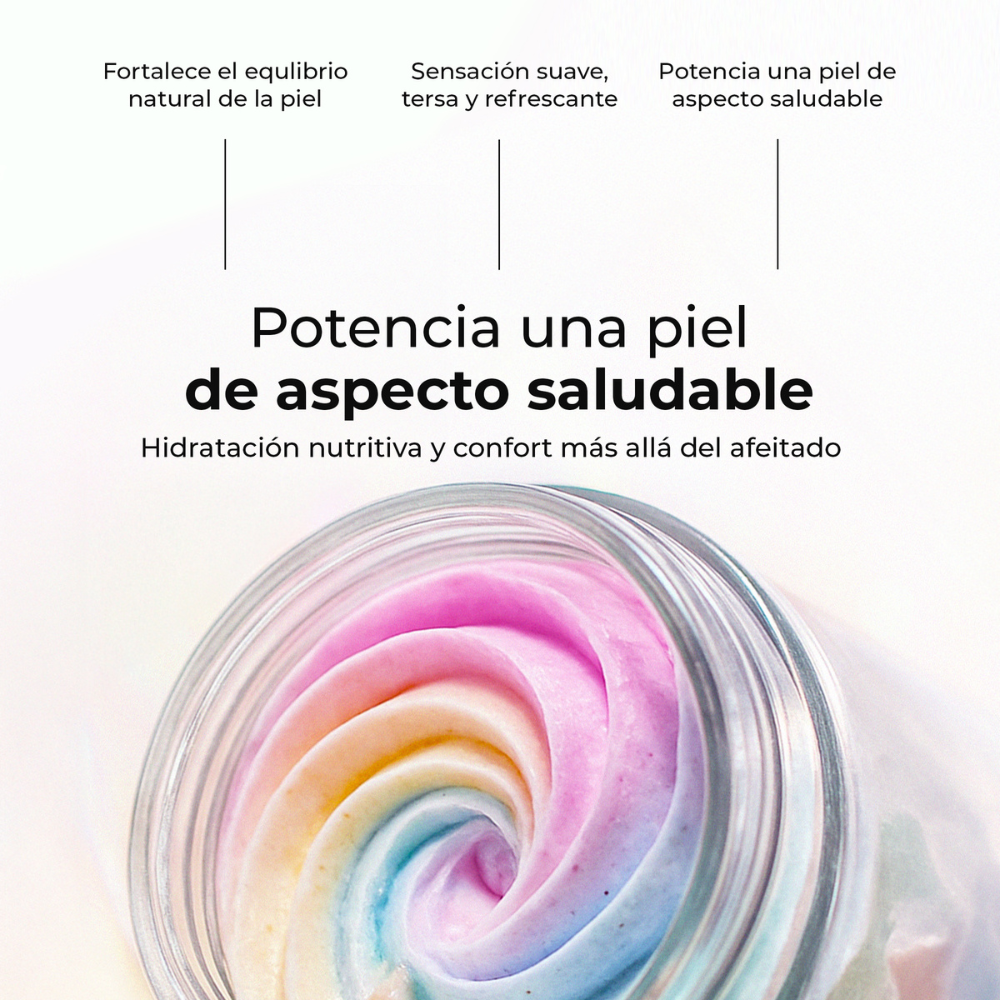 Crema de afeitado multicolor en tarro, diseñada para hidratar profundamente, equilibrar la piel y aportar un aspecto saludable y radiante.
