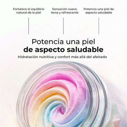 Crema de afeitado multicolor en tarro, diseñada para hidratar profundamente, equilibrar la piel y aportar un aspecto saludable y radiante.